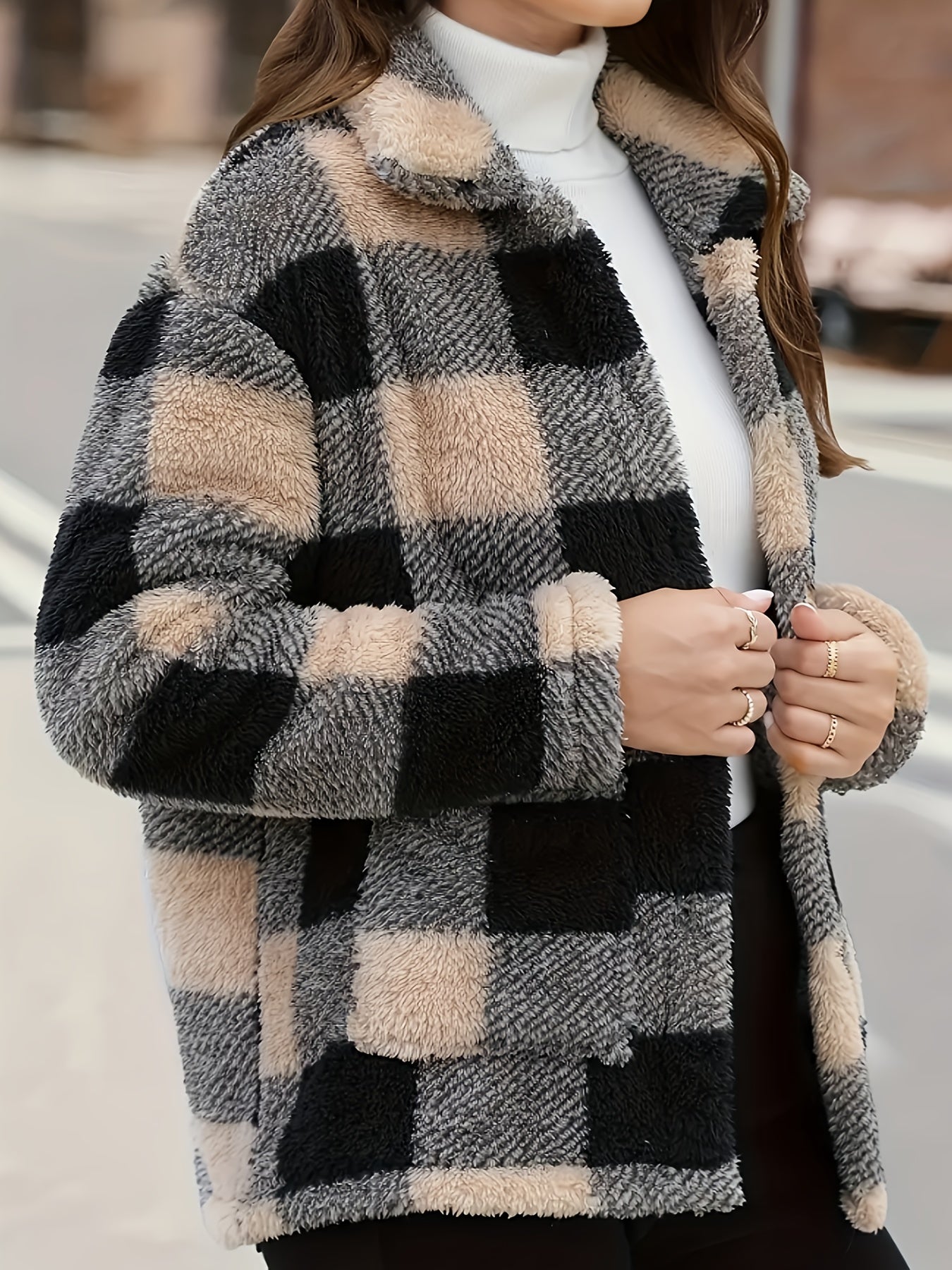 Women'S Plaid Jacket - Soft Brown/Black/Beige/White/Gray/ - Button-Front Closure, Structured Fit for Fall/Winter - Everyday & Formal Outfits - Cozy Outerwear for Women, Casual Wear, Classic Turndown Collar, Durable Fabric, Se