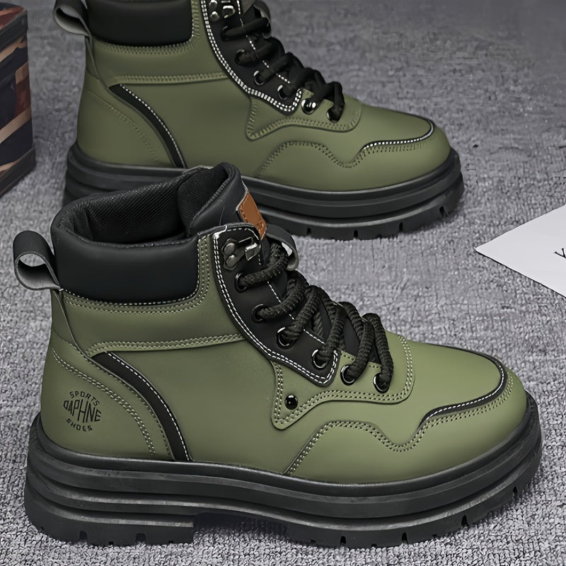 Men's Trendy Solid Ankle Boots, Comfy Non Slip Lace Up Durable Shoes for Men's Outdoor Activities