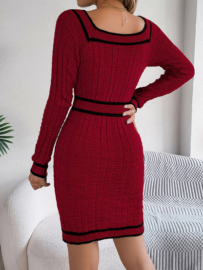 Autumn And Winter Casual Vacation Square Neck Button Decorative Bodycon Dress