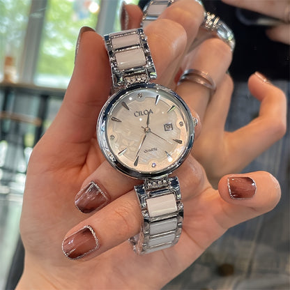 Elegant Women's Quartz Watch with Ceramic Band and Stainless Steel Cas