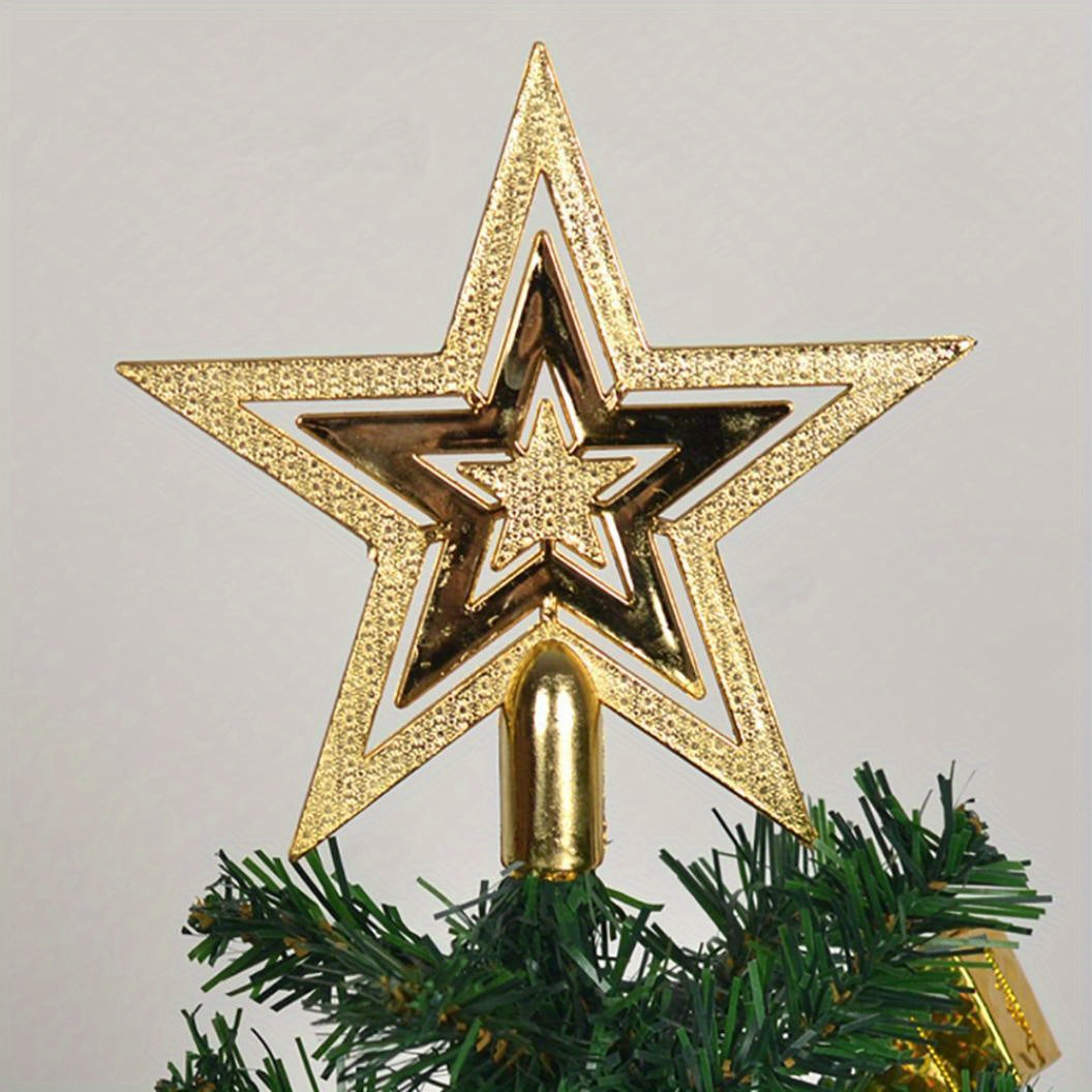 Glittering Golden Star Tree Topper - Elegant Shiny Plastic 5-Pointed Star with Sharp Tip & Stable Base, No-Electricity Christmas & Halloween Decoration for Xmas Tree, New Year's, Wedding, Birthday Party Decor - Durable Indoor
