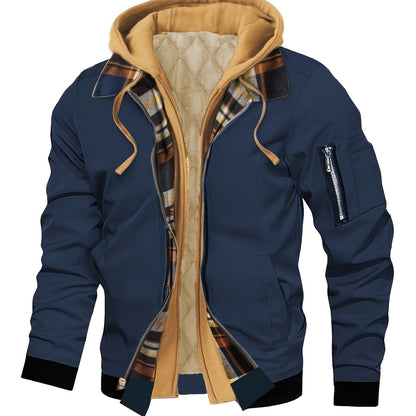 Men'S Warm Fleece-Lined Hooded Jacket with Plaid Details - Casual Winter Coat for Outdoor Activities, Zip-Up, Regular Fit, Polyester Lined, Functional Pockets, Windproof & Warm, Functional Winter Jacket | Stylish Men'S Jacket