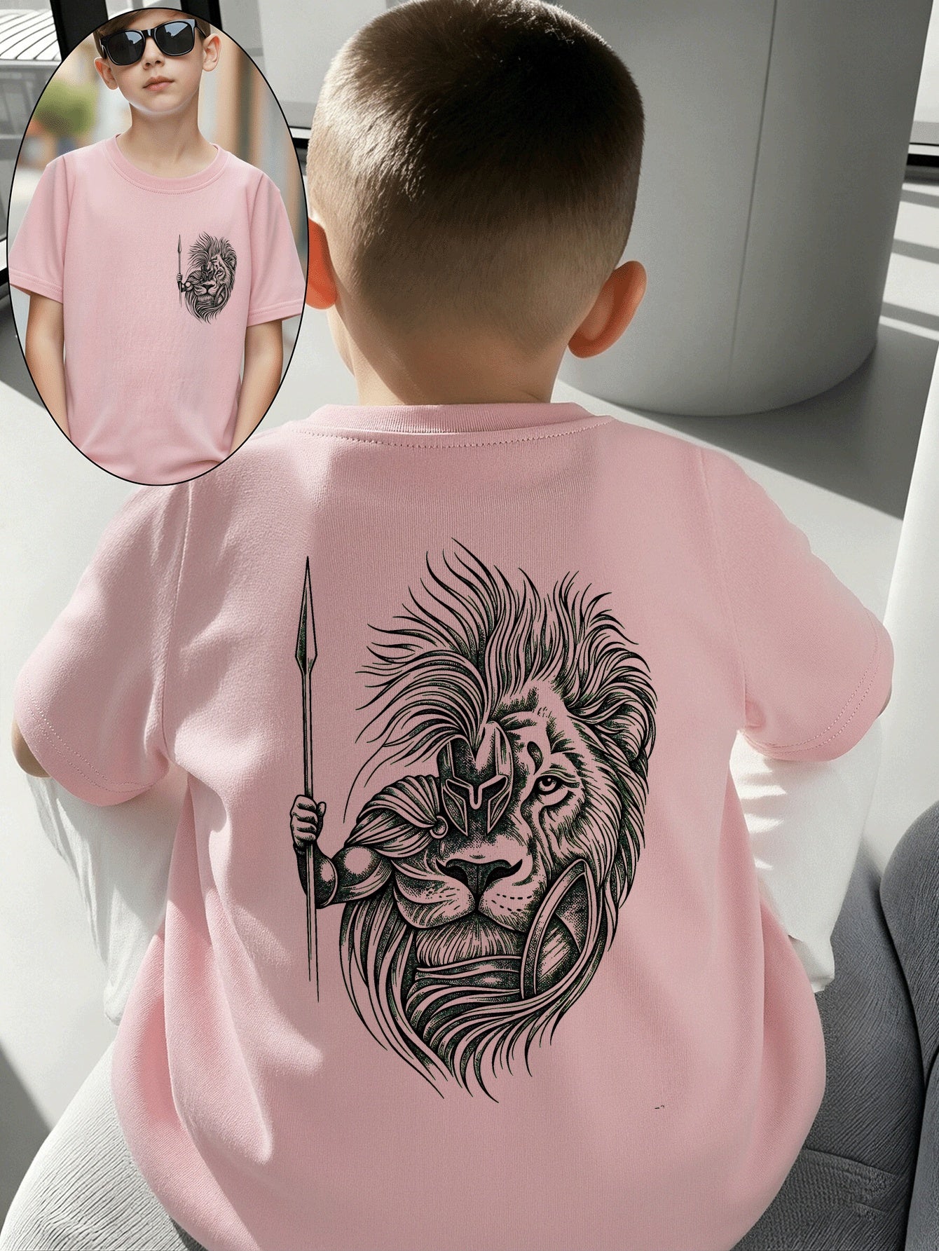 Boys' Cotton T-Shirt with Lion Warrior Print - Casual Summer Top