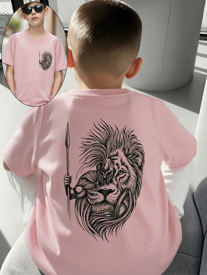Boys' Cotton T-Shirt with Lion Warrior Print - Casual Summer Top