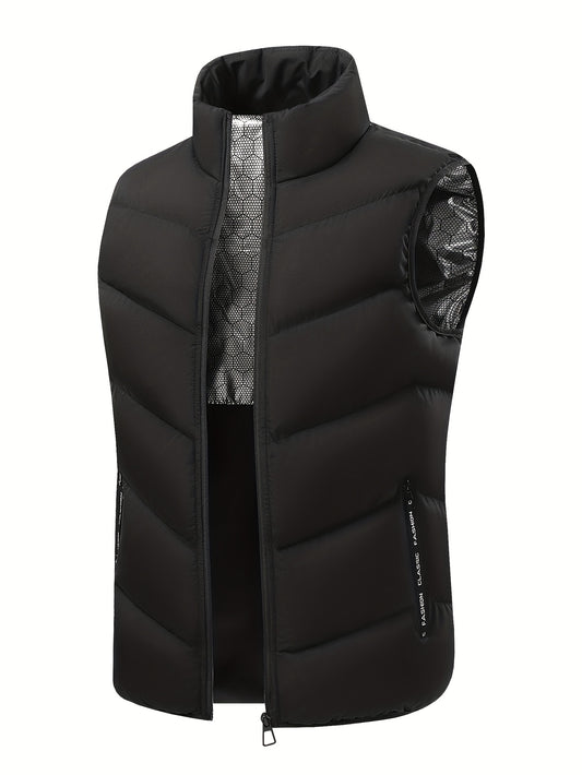 Men's Thermal Lined Zip-Up Vest Jacket, Loose Fit, Thickened for Autumn/Winter Cold Weather, Sleeveless Padded Coat, Solid Color Minimalist Style Outdoor Casual Top, Fashionable Zippered Pockets, Full Zipper Closure Front wit