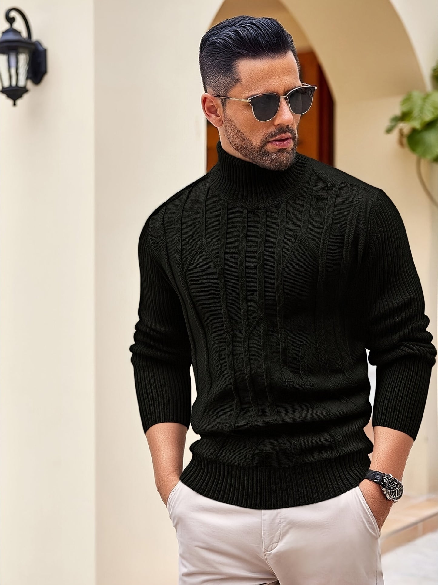 Men'S Solid Color Turtleneck Sweater, Highly Elastic, Stylish, Comfortable, And Warm Top, Suitable for Outdoor Wear in Autumn And Winter, Base Layer Sweater, Striped Knitted Turtleneck Sweater - Long Sleeve Pullover, Featurin