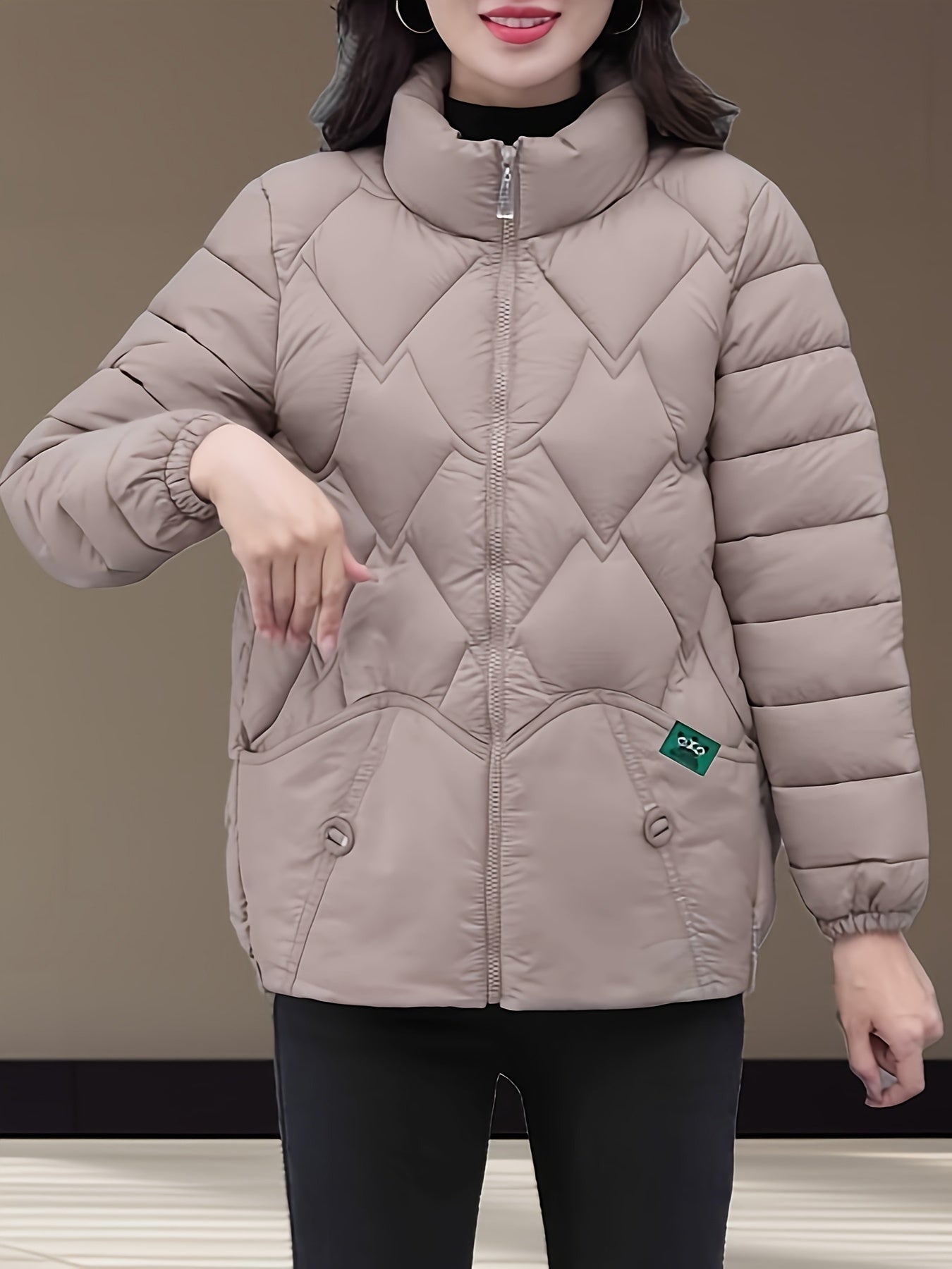 Women's Stylish Winter Coat - Black Herringbone Design, Flared Hem & H-Silhouette, Long Sleeve Non-Stretch Fabric, Hand Wash Only, Japanese-Korean Inspired for Casual & Formal Occasions