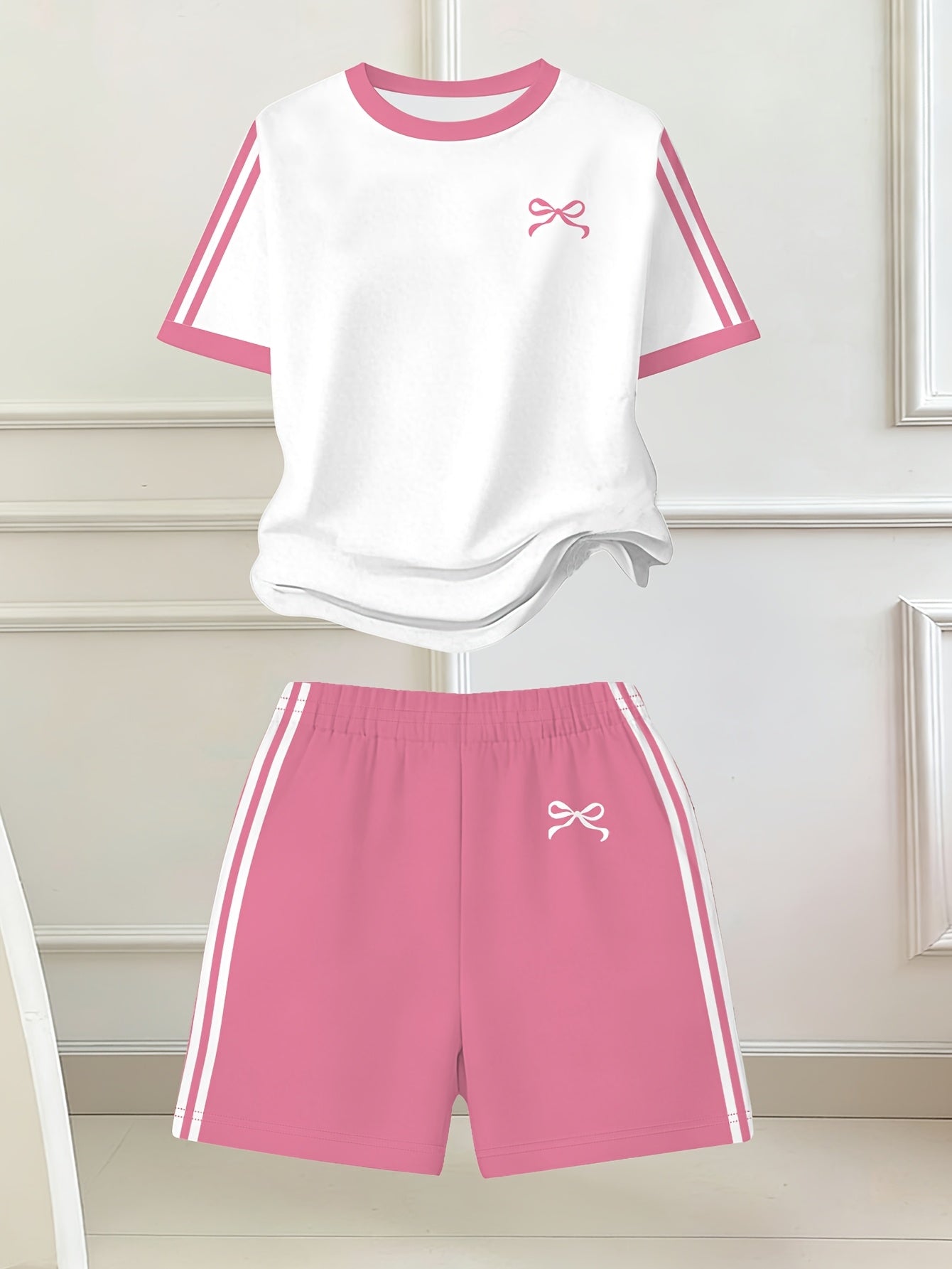 Girls' Butterfly Print Bow Short Sleeve Tee & Shorts Set