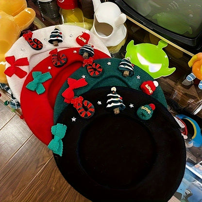 Women's Red Christmas Beret Hat with 3D Christmas Tree Decorations - Elastic Drawstring Closure, Lightweight Warm Winter Hat for Holiday Parties, Photo Shoots, Valentine's & New Year's Eve - Festive Movie-Inspired Fashion Acc