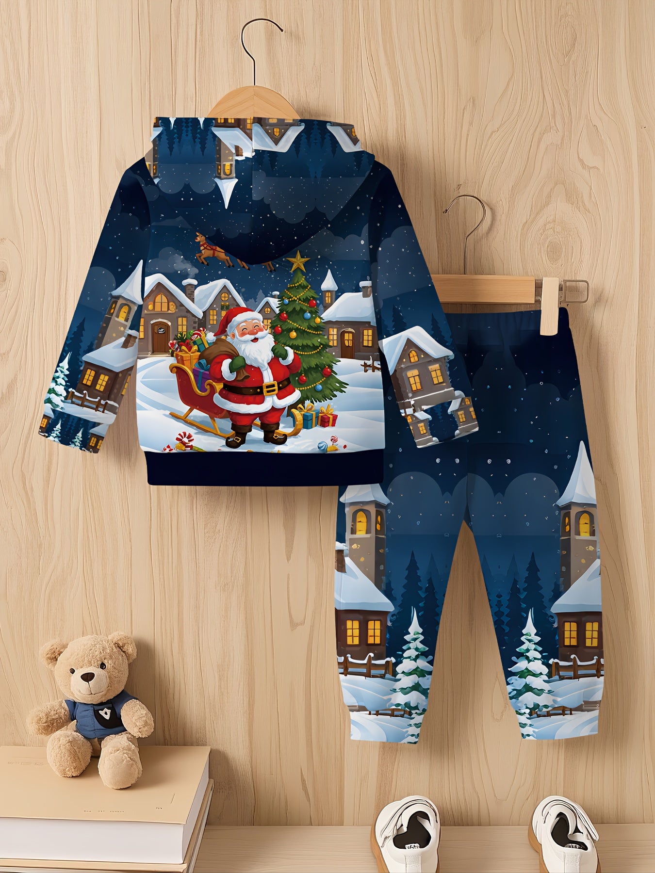 2pcs Boys' Christmas Set with Santa Claus & Winter Snowman Digital Print - Soft Hooded Sweater & Snow Pants Outfit, Cozy Long Sleeve Winter Clothes for to 12 Years, Machine Washable Festive Outfits for Xmas Parties & Casual A
