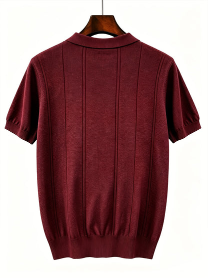 Men's Slim Fit Vertical Stripe Knit Polo Shirt with Lapel Collar