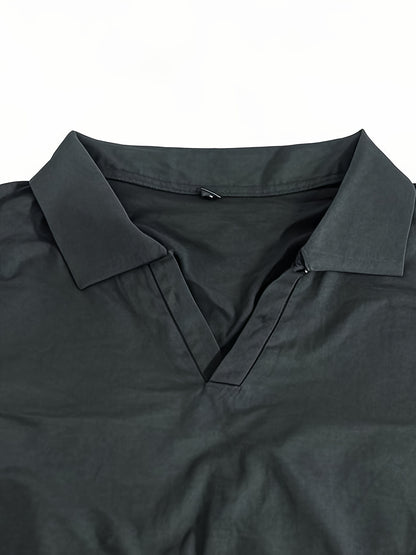 Men'S Casual Short Sleeve T-Shirt - Solid Black, Regular Fit, Button-Up Collar, Lightweight Polyester Blend for Spring & Summer, Spring Summer Apparel | Classic Collar Tee | Glossy Texture