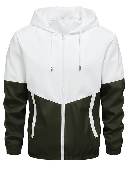 2pcs Men'S Casual Sportswear Set - Color Block Hooded Jacket and Pants, Polyester, Machine Washable, All-Season, with Pockets, Regular Fit, Spring Sportswear|Hooded Sportswear|Machine Washable Fabric