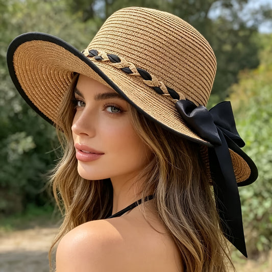 Women’s Lightweight Papyrus Sun Hat with Black Bow - Summer Beach - ayq