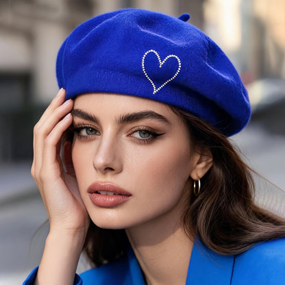 Women's Wool Beret Hat with Rhinestone Heart - Lightweight Warm