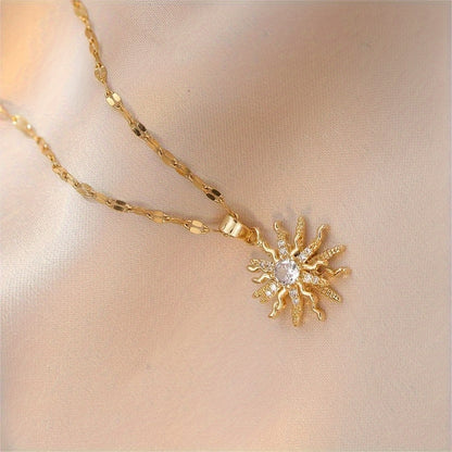 18K Gold Plated Sun Pendant Necklace with Sparkling Cubic Zirconia