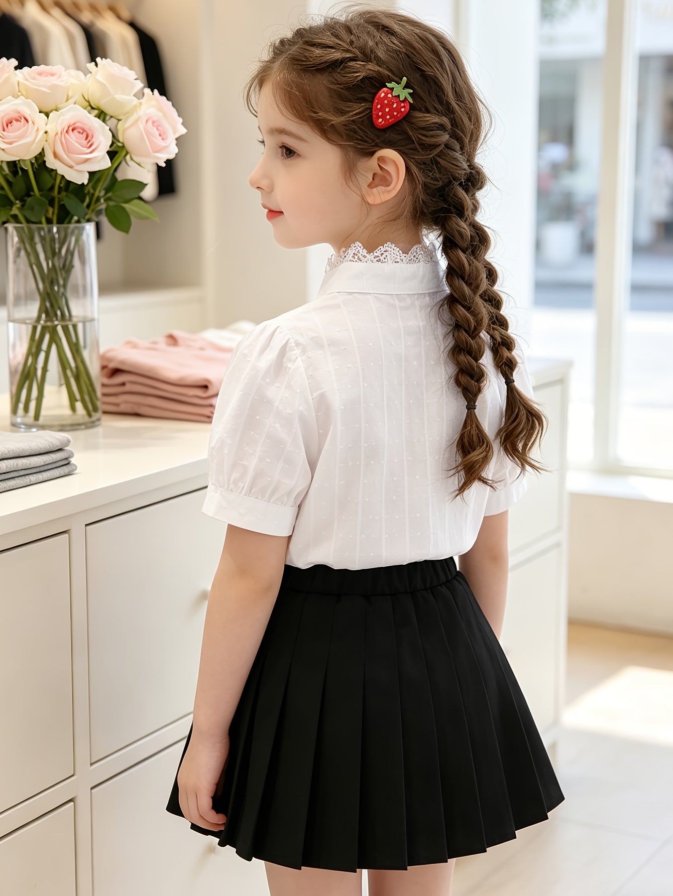 Girls' Summer Cotton Short-Sleeve Shirt with Lace Trim Collar
