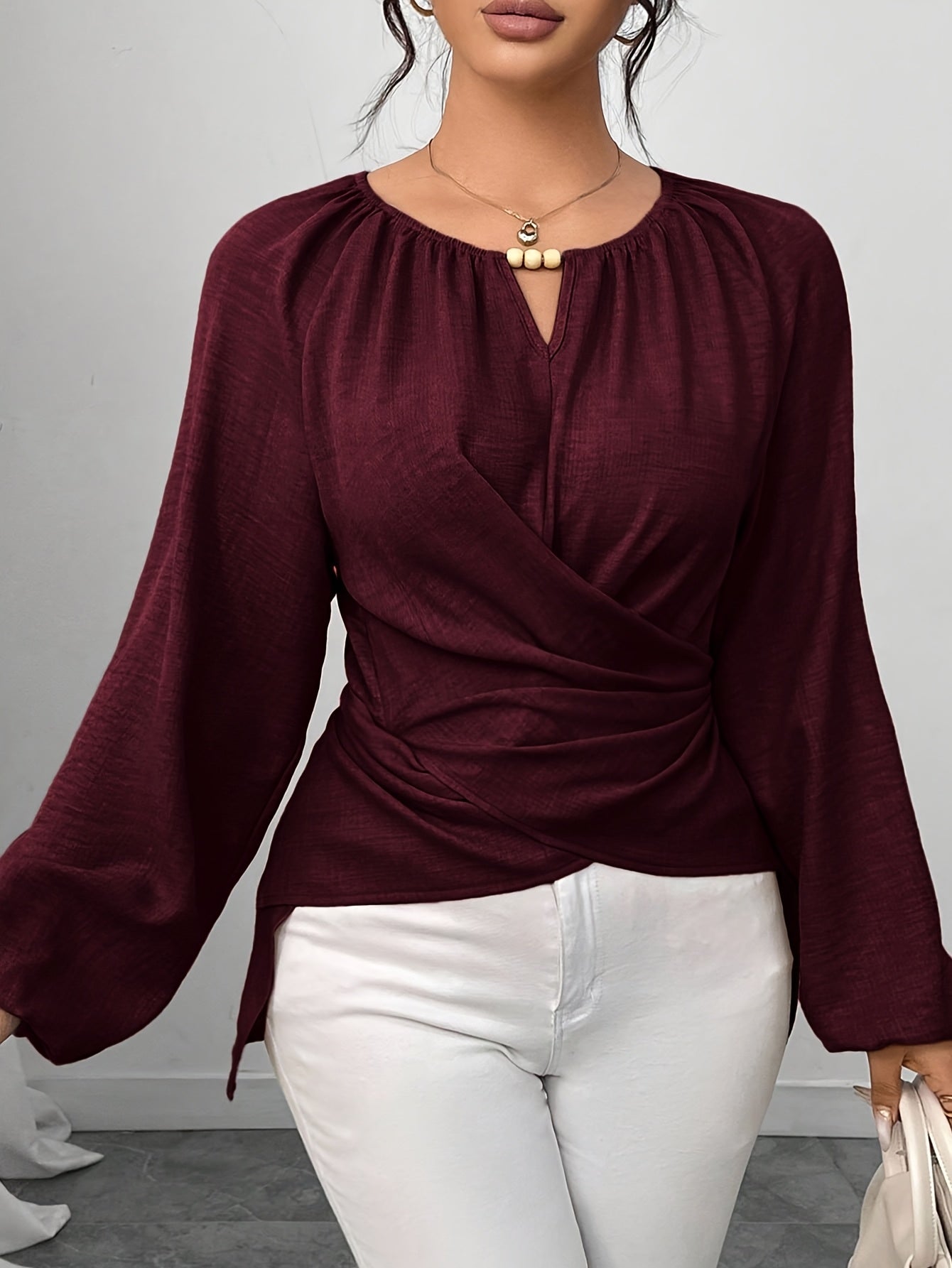Women'S Elegant Beaded Wrap Shirt - Long Sleeve Round Neck Blouse with Beaded Embellishment, Solid Burgundy/Red/Pink/ - Casual to Formal