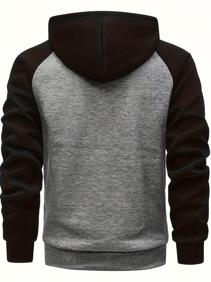 Men'S Stylish Color Block Hoodie - Casual Zip-Up Hooded Sweatshirt with Front Pockets, Long Sleeves, and Ribbed Cuffs - Maroon & Black Design, Comfortable for Fall and Winter Wear