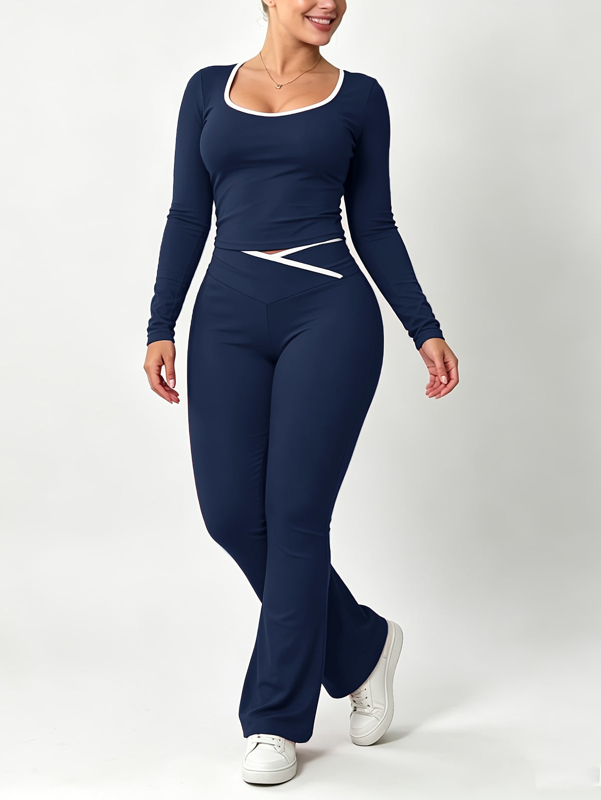 Slim Fit Cross Waist Color Block Crop Pants Set for Fall/Winter - ayq