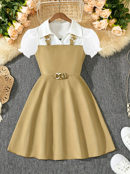 Girls' Casual Short-Sleeve Dress with Golden Chain Accent