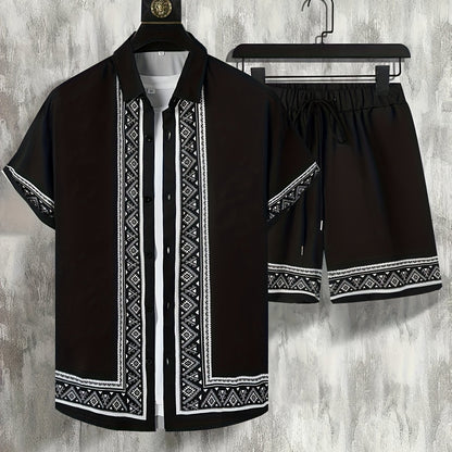 Men'S Two-Piece Set Consisting of a Casual Short-Sleeve Button-Up Shirt And Drawstring Pants, Perfect for Summer Wear.