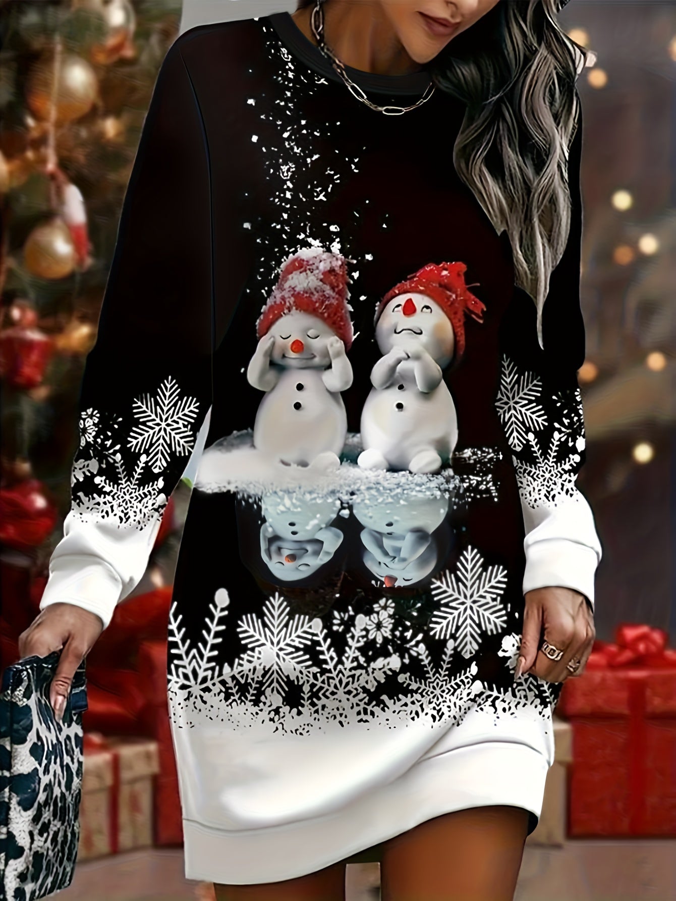 Women's Elegant Winter Snowman & Snowflake Print Sweater Dress - Long Sleeve A-Line Silhouette with Round Neck, Machine Washable Christmas Party Outfit for Holiday Events, New Year's Eve & Everyday Winter Wear - Cozy Casual t