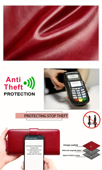 Two-Layer Cowhide Leather Clutch Wallet for Men & Women, Casual Large Capacity RFID Blocking Zippered Hand Purse with Transparent ID Slot and Anti-Theft Brush, Versatile for Going Out