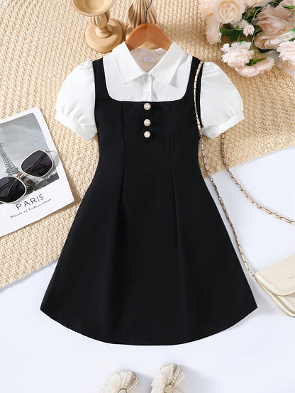 Girls' Preppy Collared Dress Summer Pleated Hem 80-120