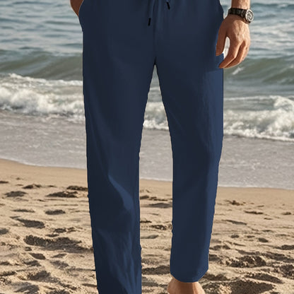 Men'S Casual Linen Drawstring Pants - Comfortable Straight Fit, Lightweight & Breathable for Beach & Outdoor Activities, Beach Casual Wear|Straight Fit Pants|Lightweight Fabric
