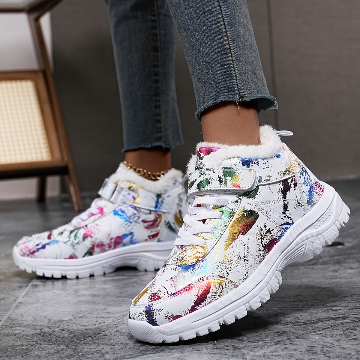 1 Pair Women'S Winter Warm Snow Boots, Fleece-Lined High-Top Outdoor Shoes, Round Toe, Patterned Print, EVA & MD Sole, Fabric Insole - Fashionable Ladies' Footwear