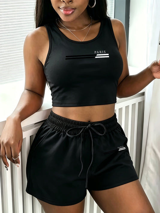 Women's Casual Two-Piece Set | Sleeveless Vest & Drawstring Shorts