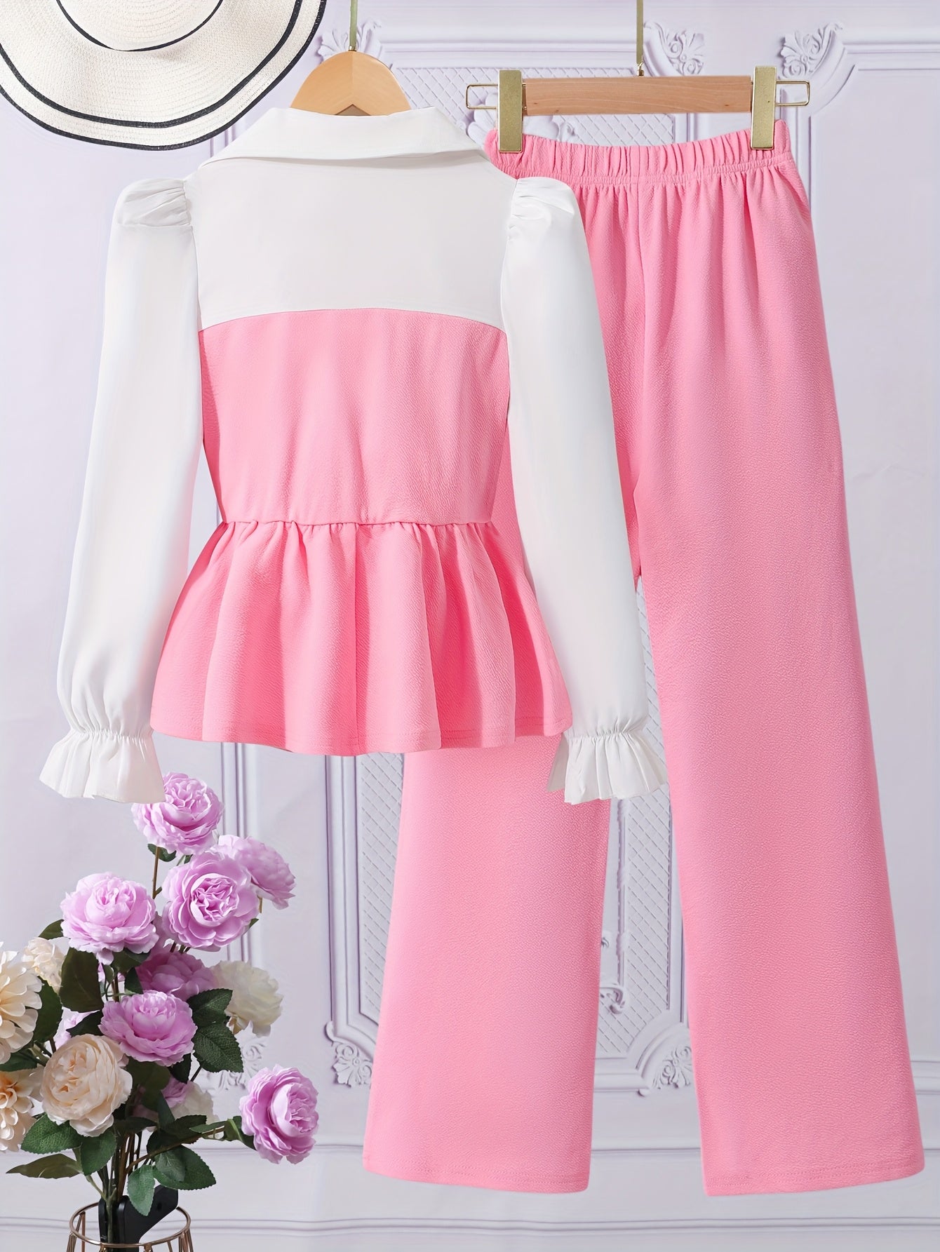 ' Fashionable Autumn Elegant Lapel Bow-Decorated Long-Sleeved Shirt And Straight Wide-Leg Trousers Two-Piece Set, for Outdoor