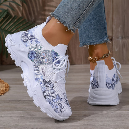 Women's Floral  Skull Print Breathable Mesh Sneakers, Lightweight Low-Top Running Shoes with Soft PU Sole, Stylish Pink  White Design for Casual Wear, Outdoor Travel  Halloween Events, Allseason Footwear   Japaneseinspired