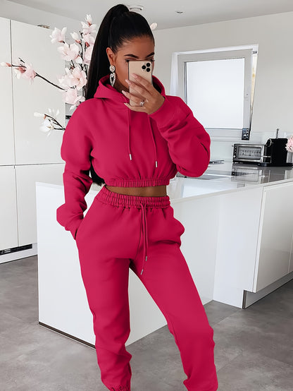 Women's Autumn Winter Fleece Hooded Sweatshirt Two-Piece Set - ayq