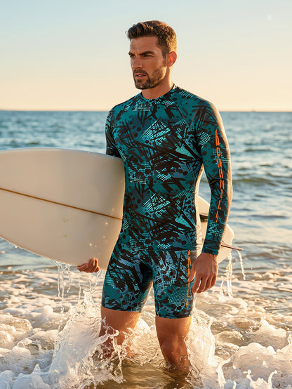 Men's Athletic 2-Piece Long-Sleeve Swimwear Set with Geometric Design