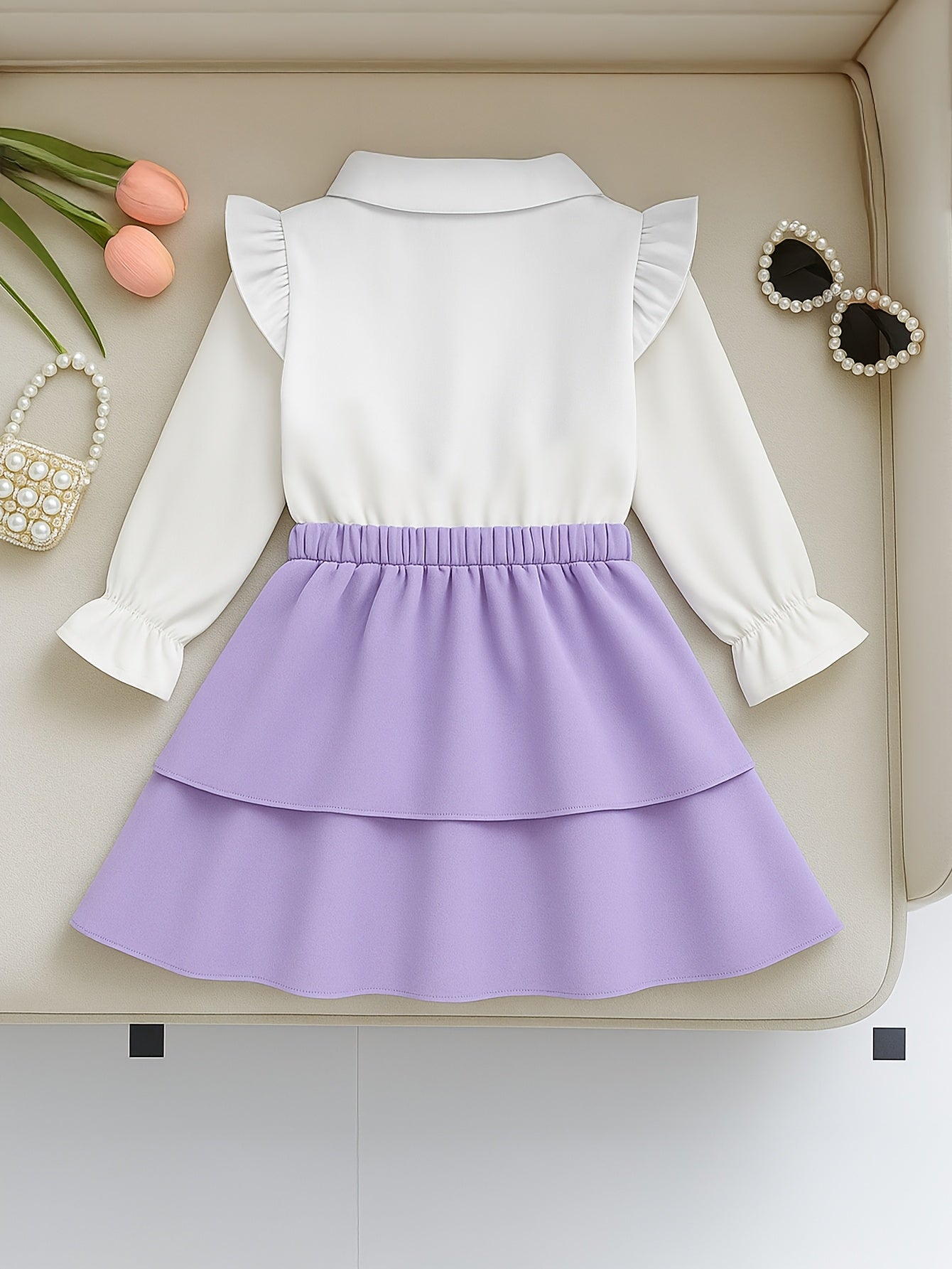 Girls' White Ruffle Sleeve Top & Black Layered Midi Skirt