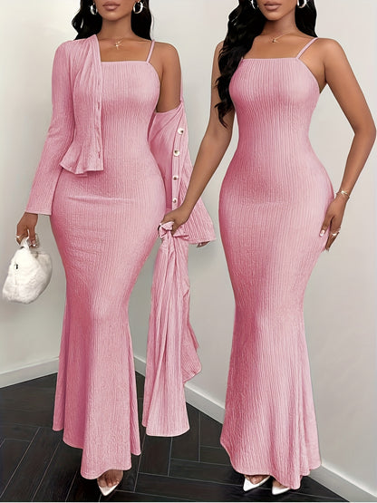 YY0102111 Elegant Solid Color Camisole Dress and Cardigan 2pcs Set, Suitable for Spring Summer Autumn