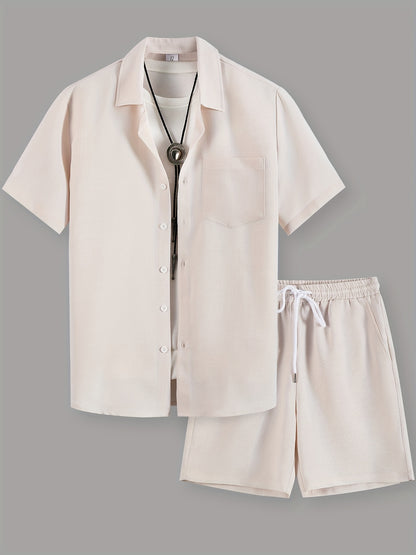 Men's Summer Casual Solid Color Shirt and Shorts Set