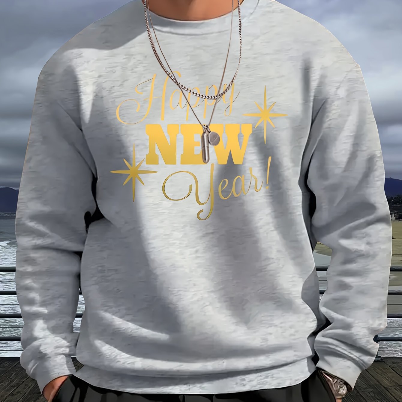 Men's Happy New Year Sweater - Loose Fit Round Neck Pullover Shirt with Golden Script, Light Grey & Machine Washable Casual Party Outfit for Everyday & Celebration Wear, Cute Sweaters, Festive Apparel, Festive Design, Durable