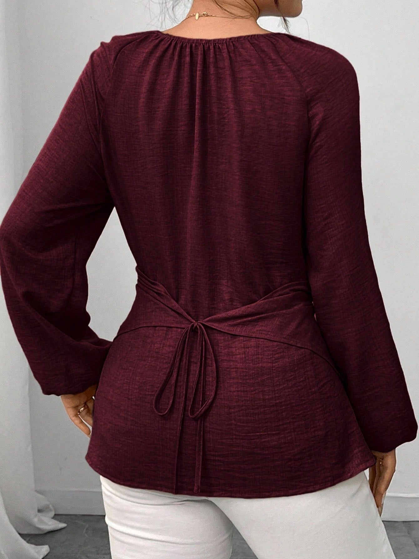 Women'S Elegant Beaded Wrap Shirt - Long Sleeve Round Neck Blouse with Beaded Embellishment, Solid Burgundy/Red/Pink/ - Casual to Formal