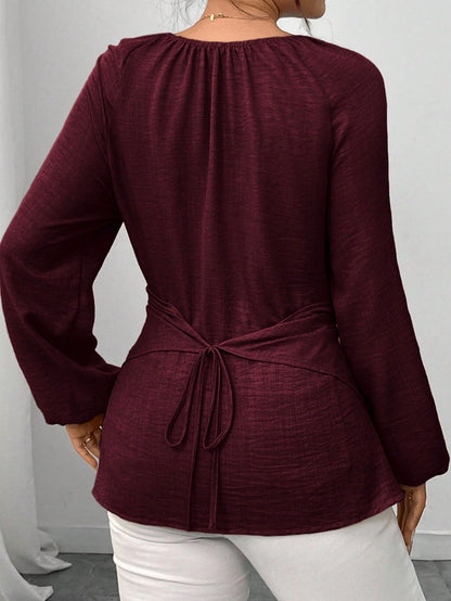 Women'S Elegant Beaded Wrap Shirt - Long Sleeve Round Neck Blouse with Beaded Embellishment, Solid Burgundy/Red/Pink/ - Casual to Formal