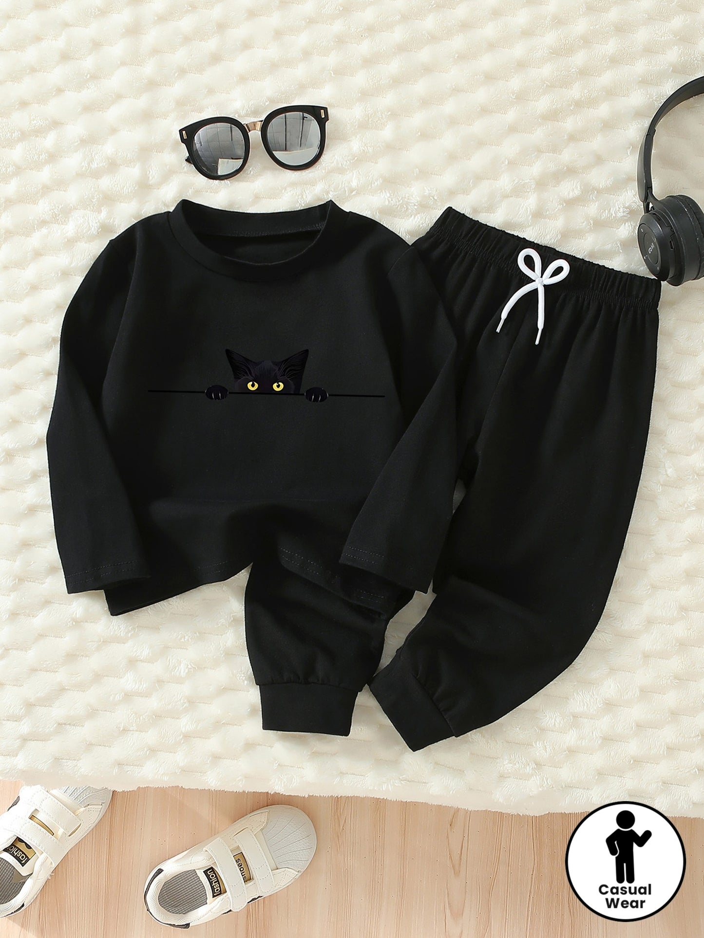 Boys Casual Cat Print Cotton Set with Long Sleeve & Pants