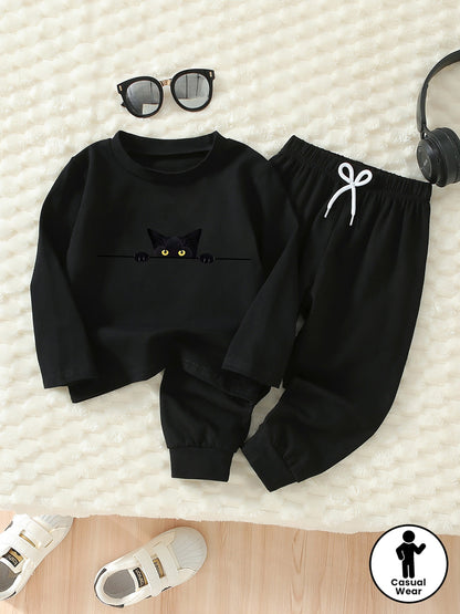 Boys Casual Cat Print Cotton Set with Long Sleeve & Pants