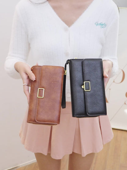 MIYIN Women's Vintage RFID Blocking Large Capacity Wallet with Wrist Strap - Tri-Fold  Handbag, Zipper Pocket & ID Slot, Multi-Card Holder (Credit/Debit) - Solid for Professional & Everyday Use