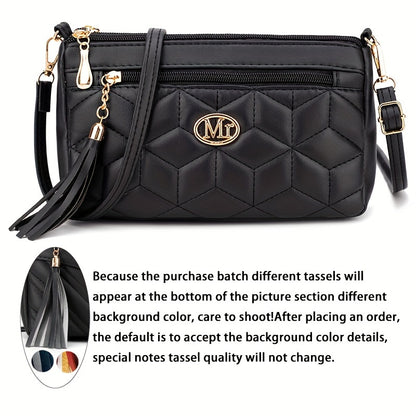 Quilted Women'S Crossbody Bag with Large Capacity, Casual Shoulder Bag Featuring Tassel Decorations, Multiple Zip Openings, And Adjustable Shoulder Strap