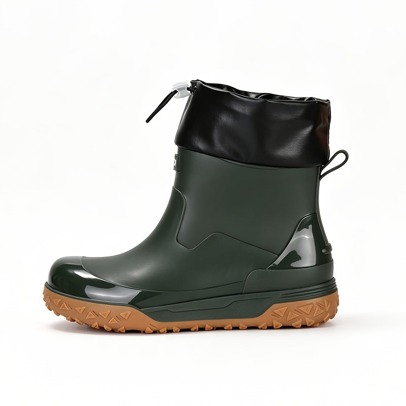Men's Short PVC Rain Boots with Adjustable Drawstring & Tread Sole