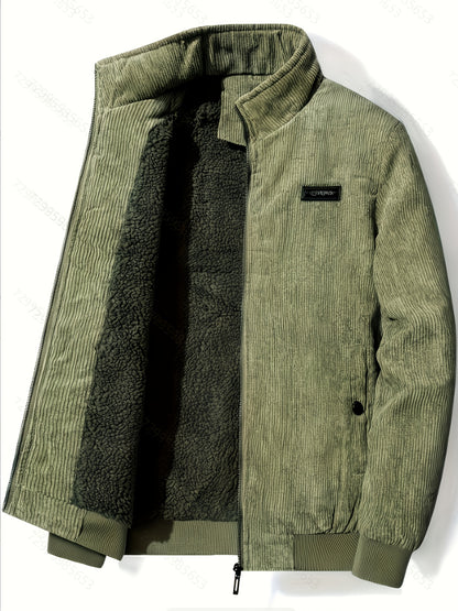 Men's Corduroy Jacket Olive Green - Retro Loose-Fit Full-Zip Winter Coat with Stand Collar & Zippered Pockets, Machine Washable Corduroy Outer (No) for Casual & Formal Wear - Autumn/Winter Outerwear, Womens Coats And Jackets,