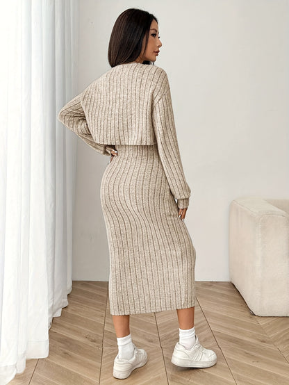 Women'S Autumn And Winter Outfit Featuring a Long-Sleeve Top with a Coat And a Camisole Dress in a Two-Piece Set.