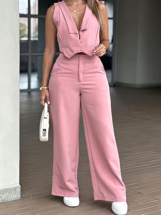 New Women's Pants Set, Sleeveless Waist-Cinching Vest Set with Wide-Leg Pants, Mature and Elegant 2pcs Commuter Outfit